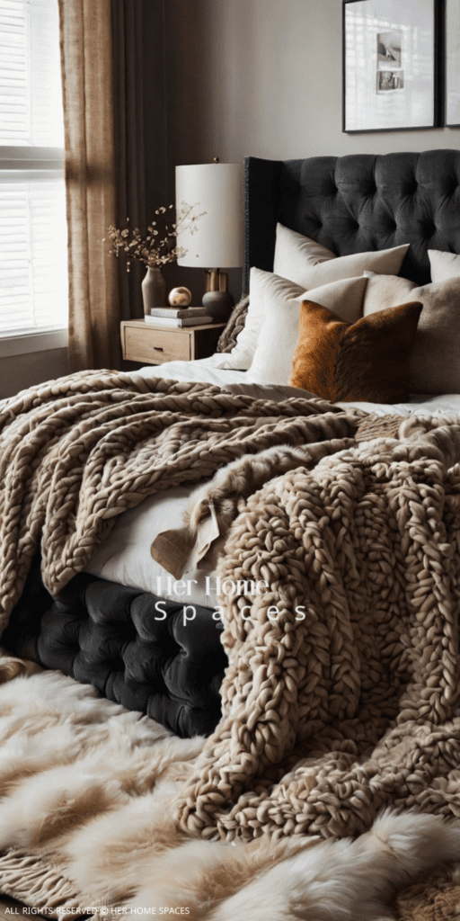 A bedroom showcasing various textures, including a plush rug, throw blankets, and pillows.