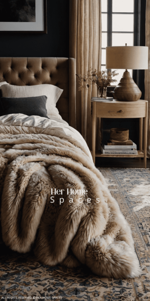 A bedroom showcasing various textures, including a plush rug, throw blankets, and pillows.