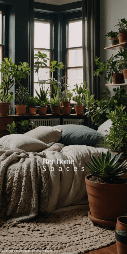  A bedroom with various indoor plants, including small succulents and larger potted plants.