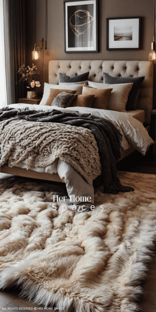 A bedroom showcasing various textures, including a plush rug, throw blankets, and pillows.