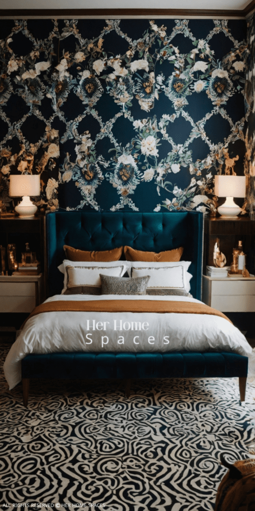  A bedroom featuring patterned wallpaper, printed bedding, or a bold rug.