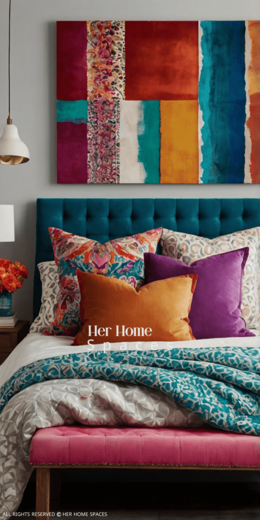 A bedroom with a pop of color, such as a bright accent wall or colorful pillows.