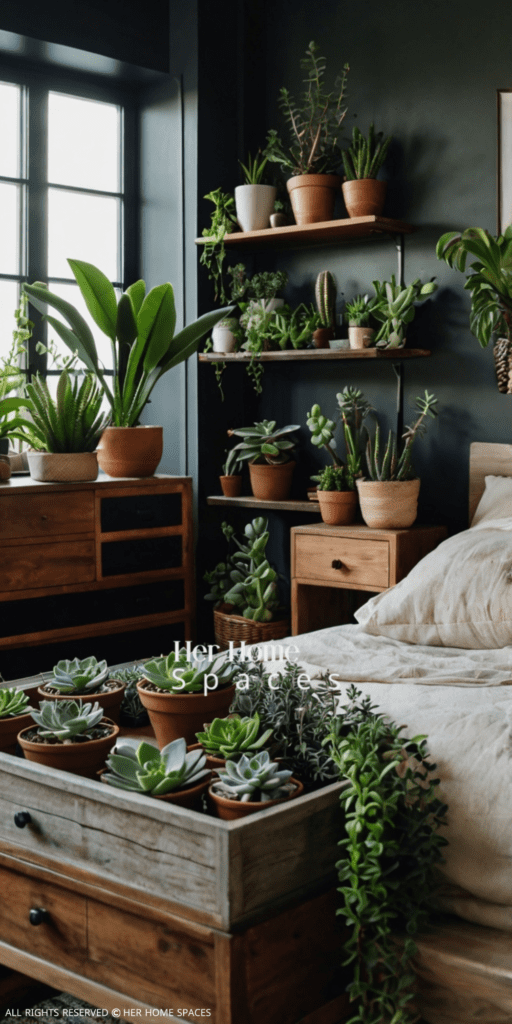  A bedroom with various indoor plants, including small succulents and larger potted plants.