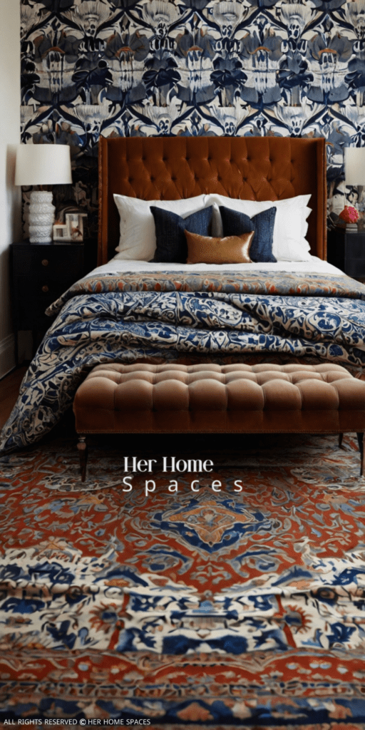  A bedroom featuring patterned wallpaper, printed bedding, or a bold rug.