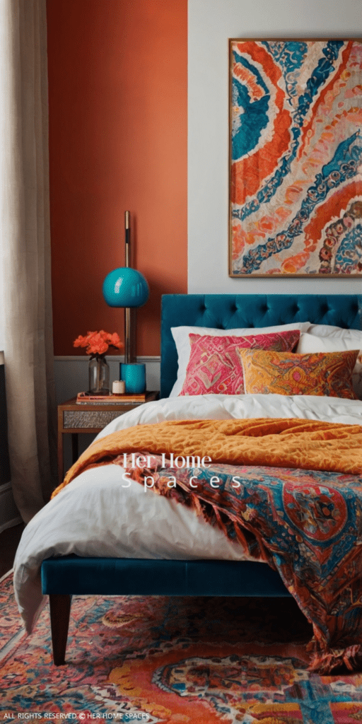 A bedroom with a pop of color, such as a bright accent wall or colorful pillows.