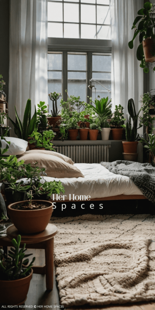  A bedroom with various indoor plants, including small succulents and larger potted plants.