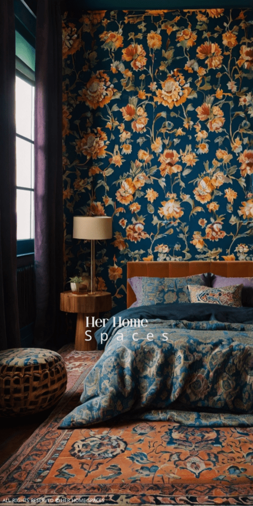  A bedroom featuring patterned wallpaper, printed bedding, or a bold rug.