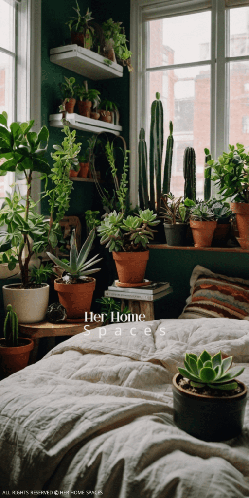  A bedroom with various indoor plants, including small succulents and larger potted plants.