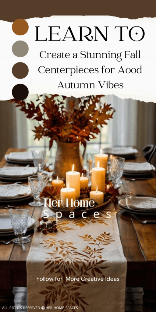  A dining table with a handmade table runner featuring stenciled leaves, complemented by a simple centerpiece of candles and fall flowers.