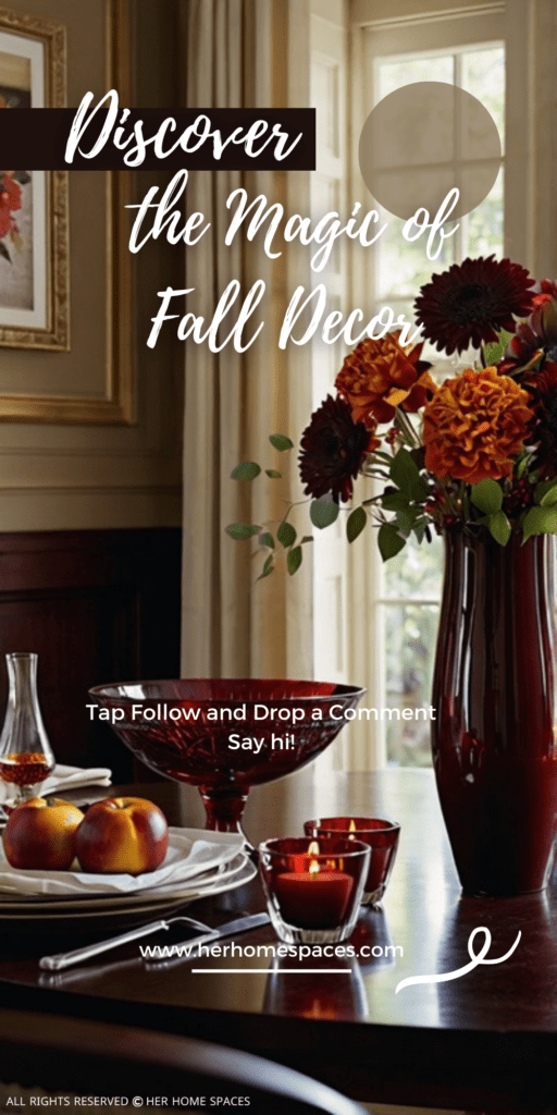  A dining table with a bold floral arrangement in rich fall colors, set in a striking burgundy vase.