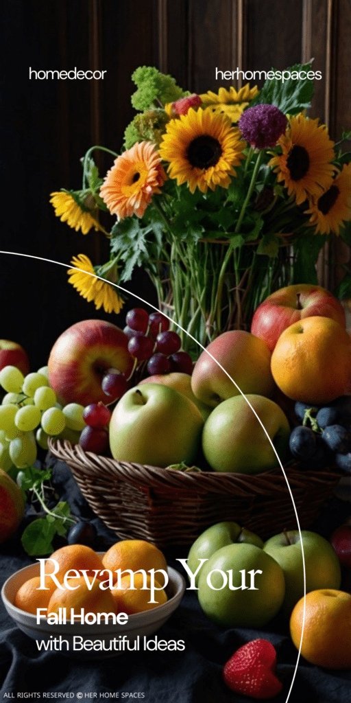 A table with a cornucopia overflowing with colorful fruits, vegetables, and flowers, set on a dark tablecloth.