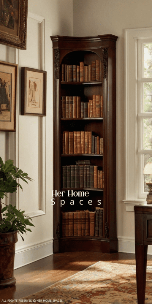 Nestled in the corner of a cozy study room, the L-shaped corner bookshelves stand tall and sturdy. A photograph captures the beauty of the rich mahogany wood, polished to a gleaming finish. Each shelf is adorned with a collection of vintage leather-bound books, their spines lined up in perfect symmetry. The warm glow of a nearby lamp highlights the intricate carving details along the edges, adding an air of elegance to the arrangement. This impeccably detailed image immerses viewers in the timeless charm of a classic reading nook.