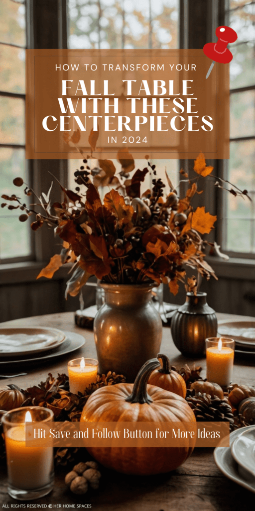 A table set with a tall vase filled with fall foliage, surrounded by small pumpkins, candles, and acorns.