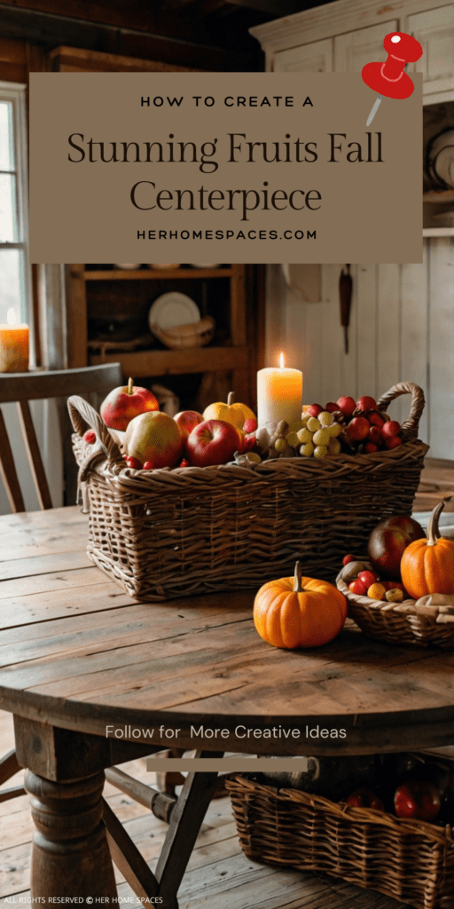 A cozy farmhouse table with a rustic basket overflowing with autumn fruits and vegetables, surrounded by candles and fall leaves.