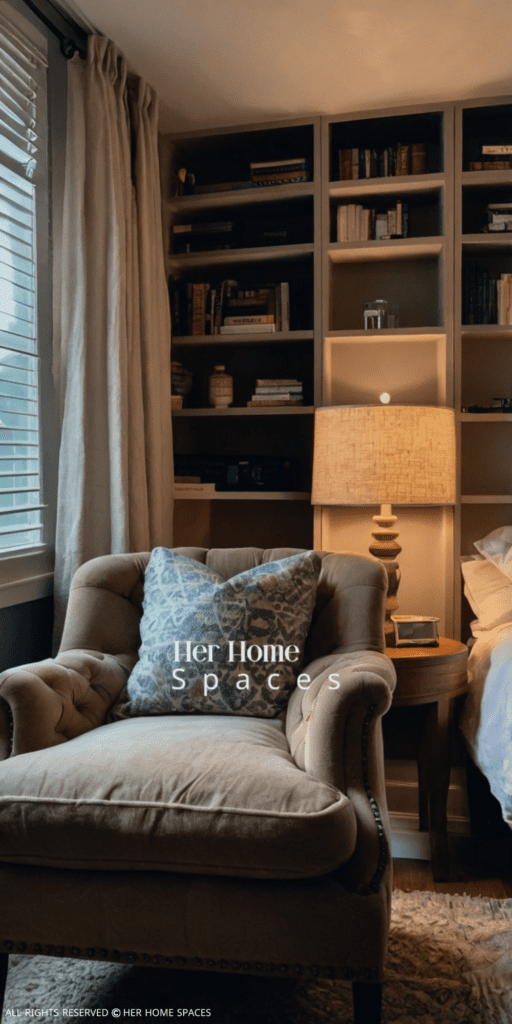 A cozy reading nook in a bedroom, complete with a comfortable chair, side table, and lamp.