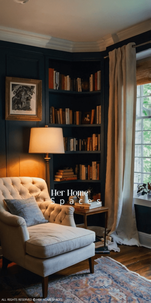 A cozy reading nook in a bedroom, complete with a comfortable chair, side table, and lamp.