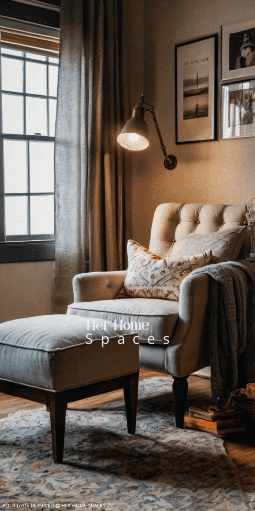 A cozy reading nook in a bedroom, complete with a comfortable chair, side table, and lamp.