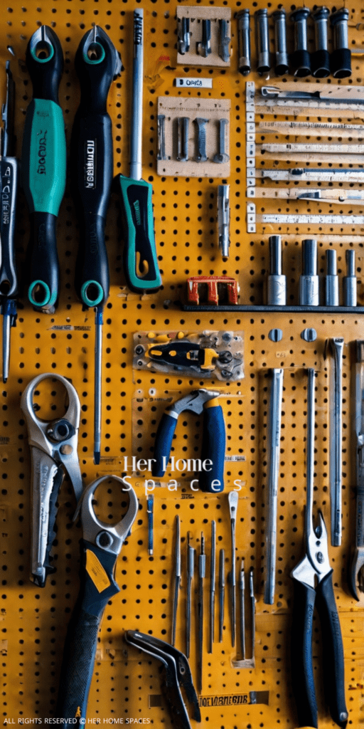 A pegboard filled with neatly hung tools, with labels indicating where each tool belongs.