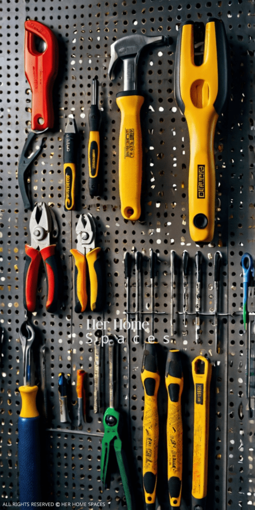 A pegboard filled with neatly hung tools, with labels indicating where each tool belongs.