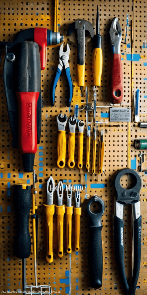 A pegboard filled with neatly hung tools, with labels indicating where each tool belongs.