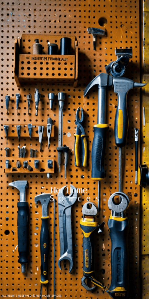 A pegboard filled with neatly hung tools, with labels indicating where each tool belongs.