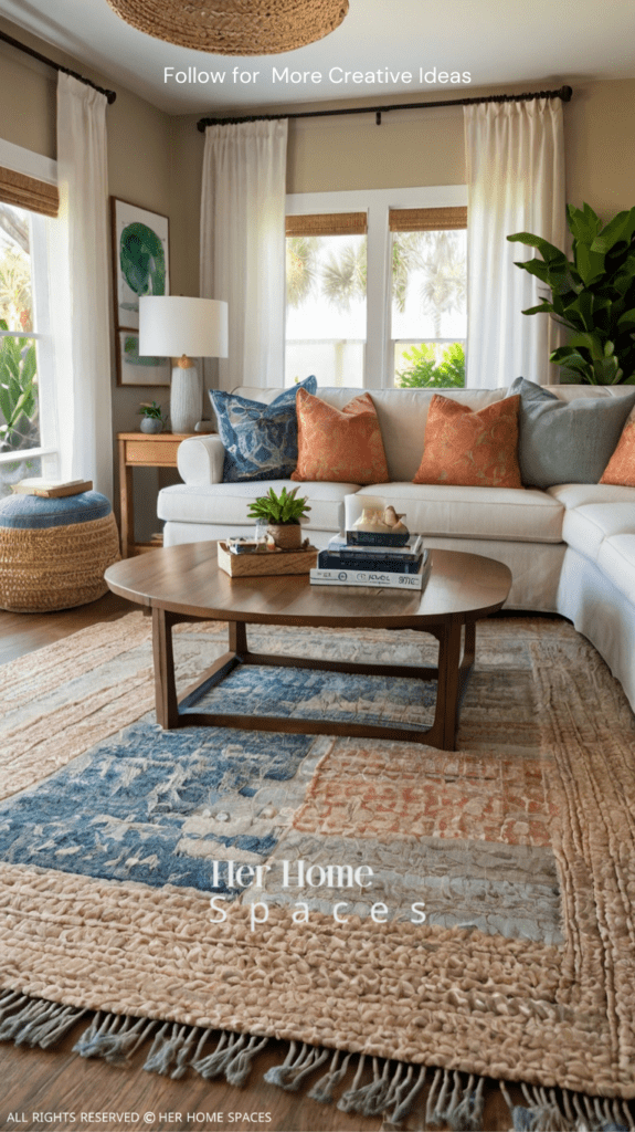 A living room with layered coastal rugs, adding warmth and texture to the space.