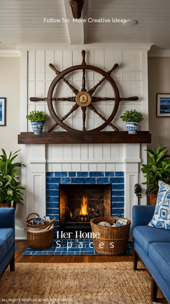 A living room with nautical-themed decor, including a ship wheel above the mantel and rope accents.