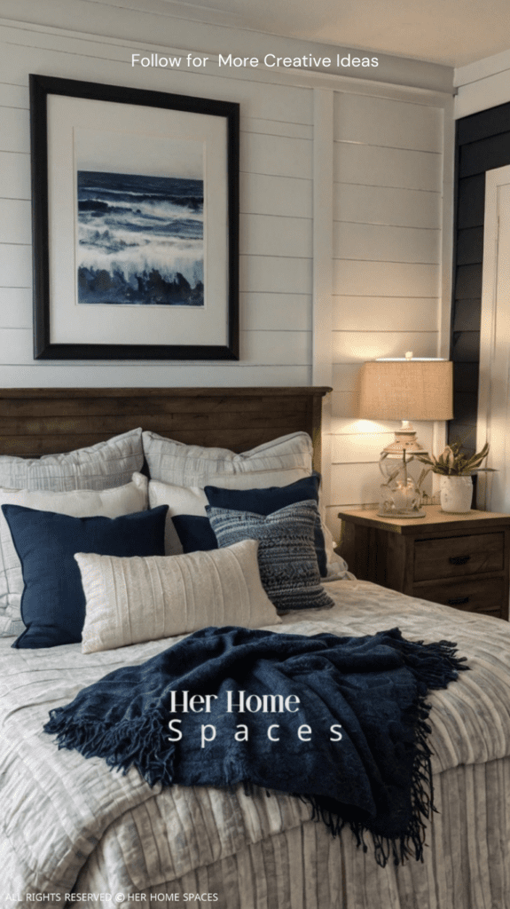 A bedroom with a shiplap accent wall, creating a cozy, coastal atmosphere.