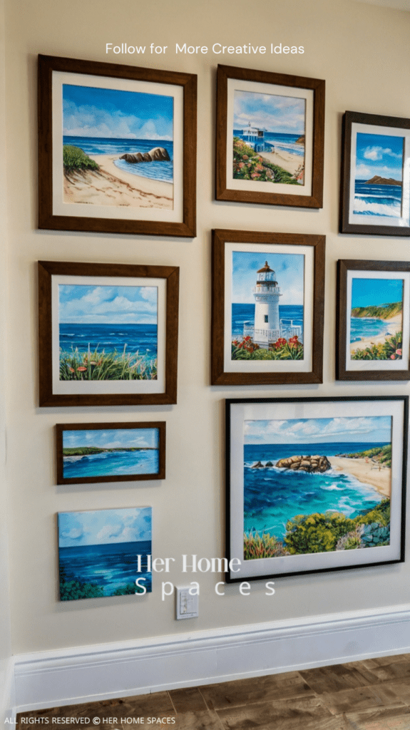  A wall adorned with coastal-themed artwork, featuring beach scenes and marine life.