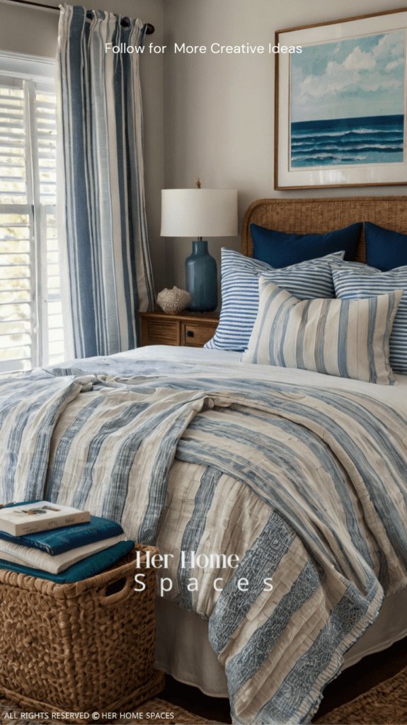 A bedroom with coastal-inspired textiles, including striped bedding and linen curtains.