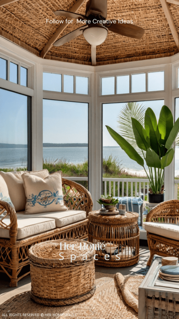  A sunroom with wicker furniture and woven baskets, creating a cozy coastal retreat.