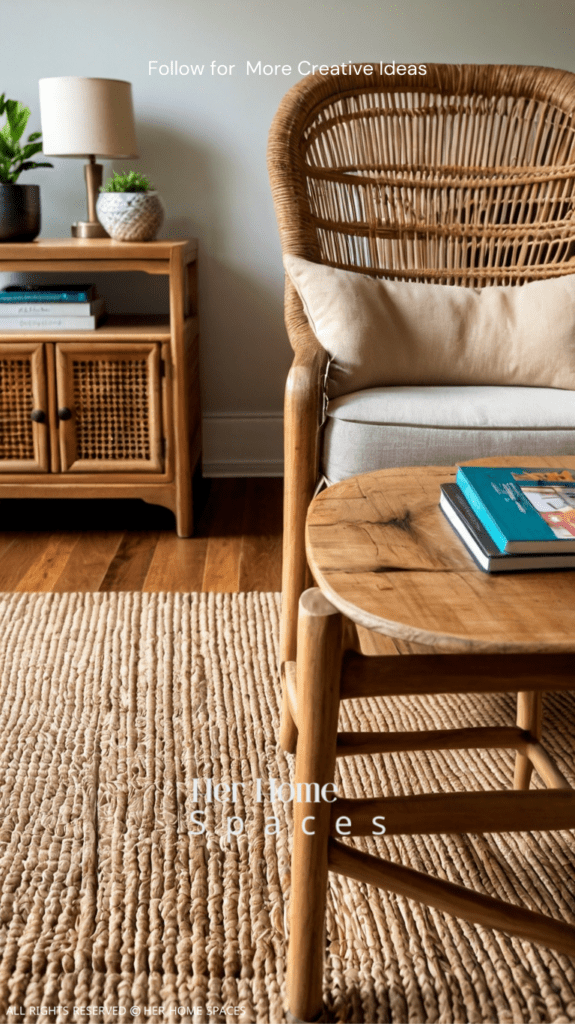 A living room featuring natural wood furniture, a jute rug, and rattan chairs.