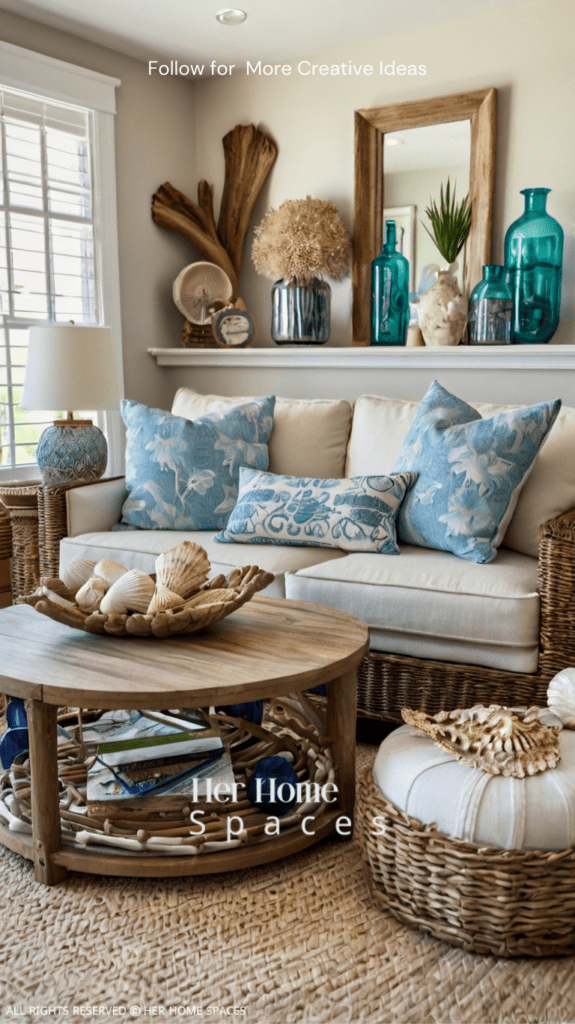 A living room with seaside-inspired accessories, including driftwood accents and seashell decor.