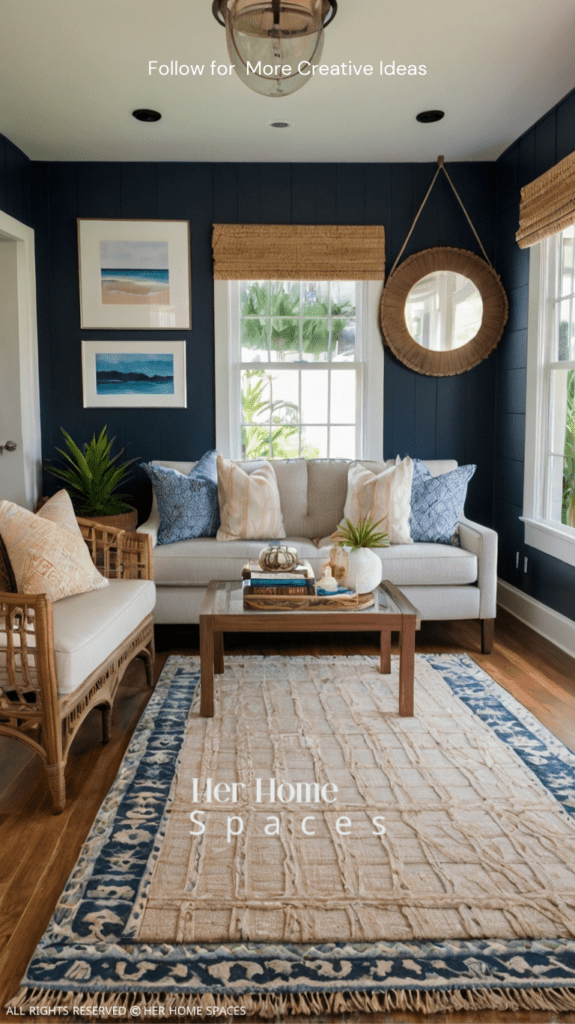 A living room with layered coastal rugs, adding warmth and texture to the space.