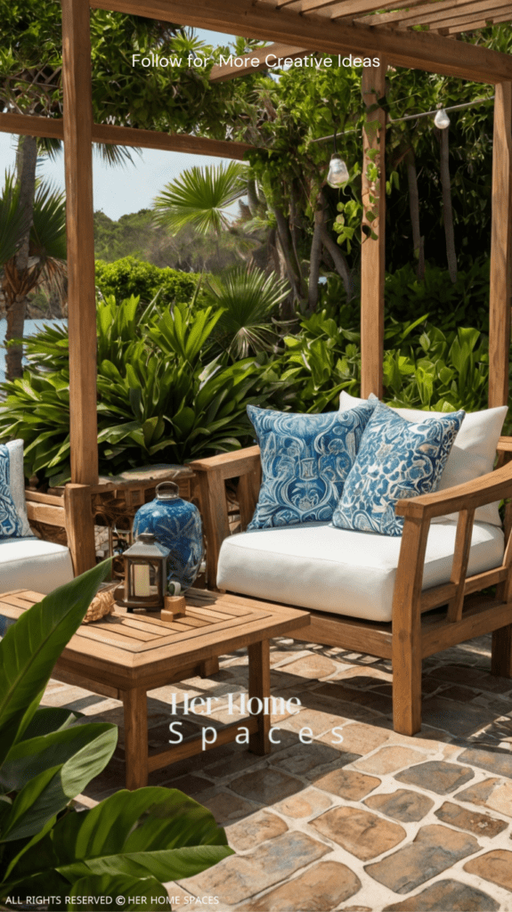 An outdoor space with coastal furniture, lanterns, and lush greenery.