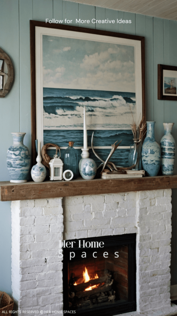 A mantel adorned with vintage coastal finds, creating a nostalgic, seaside vibe.