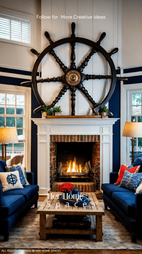 A living room with nautical-themed decor, including a ship wheel above the mantel and rope accents.