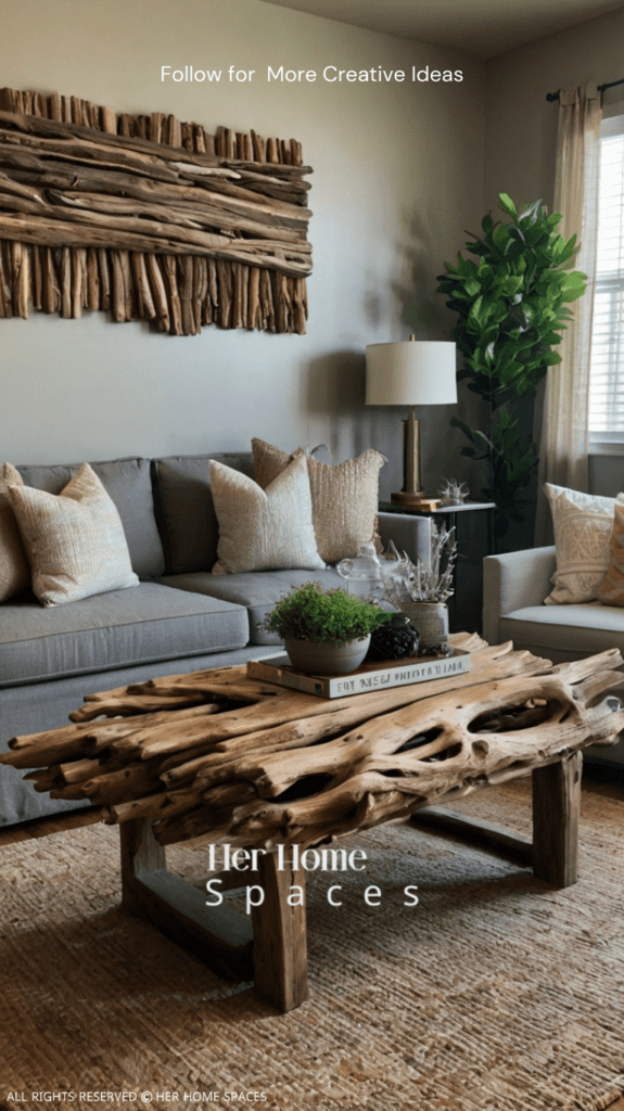 A living room featuring a driftwood coffee table and driftwood wall art.