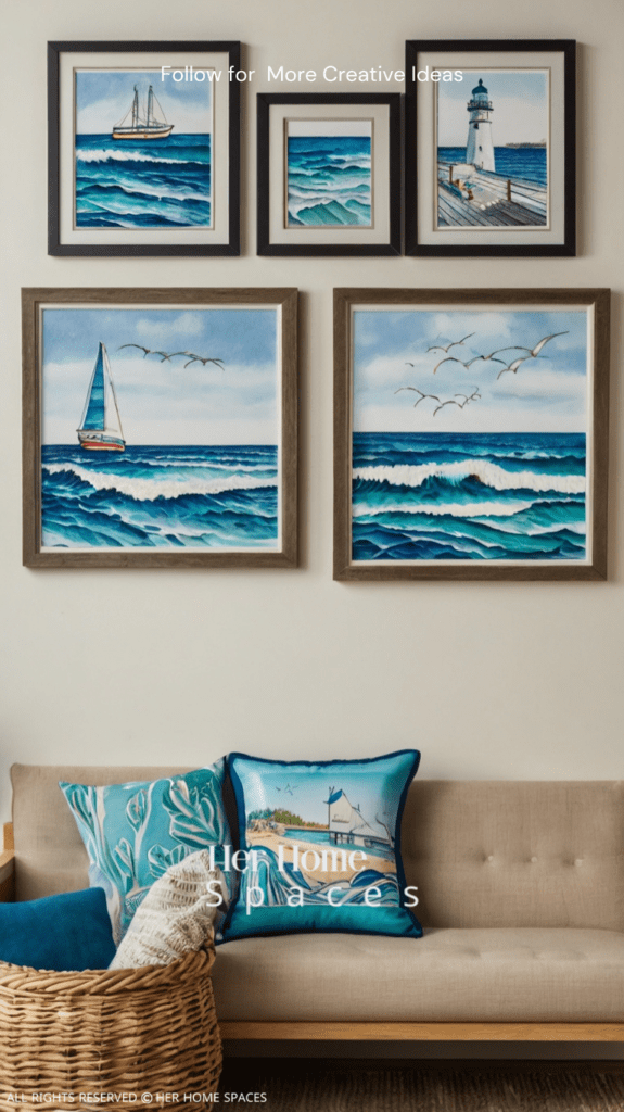  A wall adorned with coastal-themed artwork, featuring beach scenes and marine life.