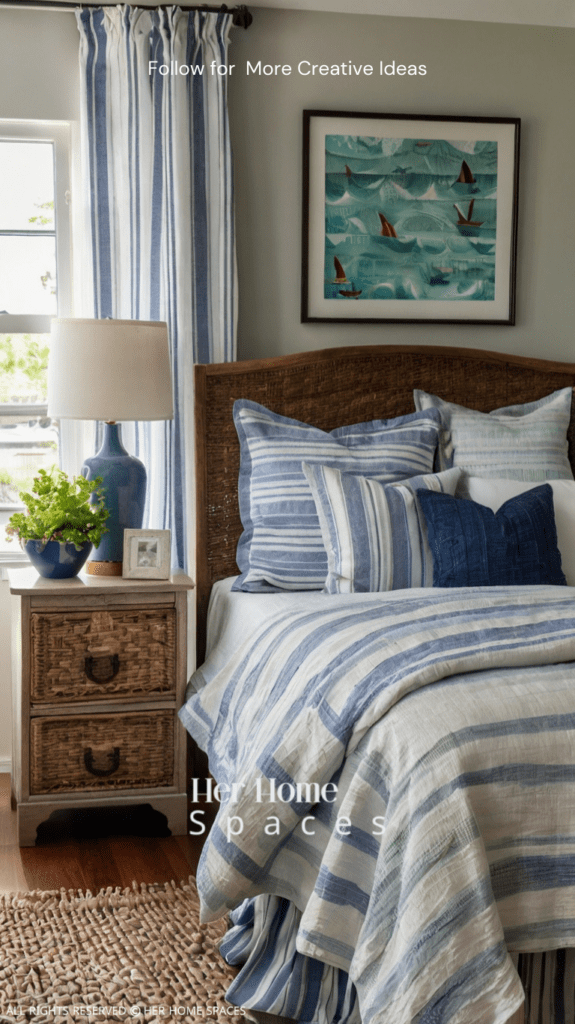 A bedroom with coastal-inspired textiles, including striped bedding and linen curtains.