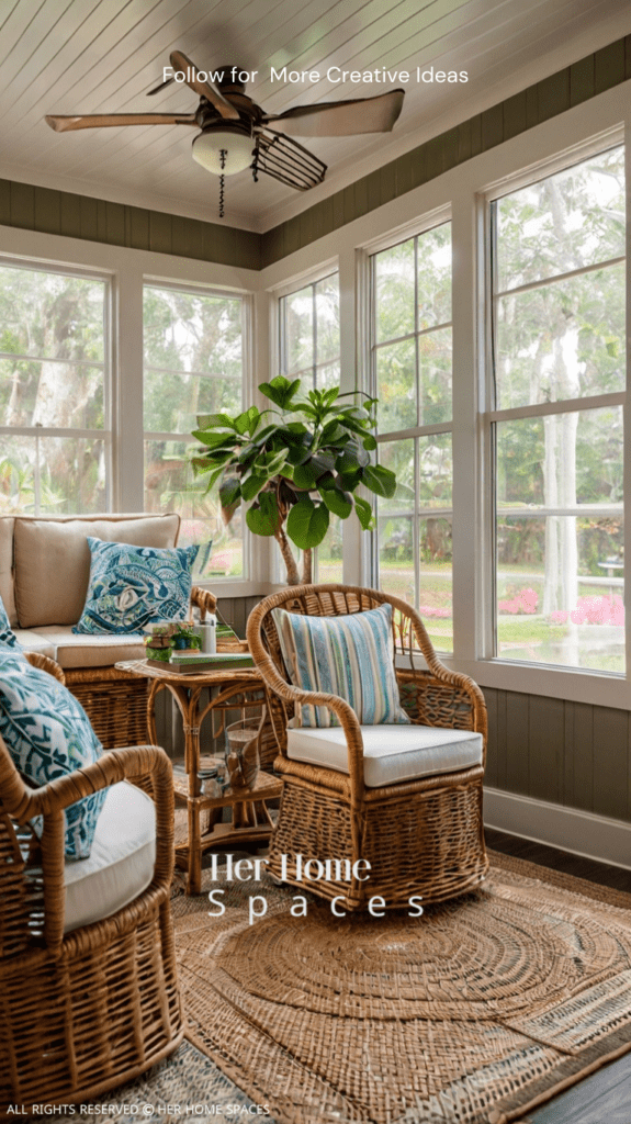  A sunroom with wicker furniture and woven baskets, creating a cozy coastal retreat.