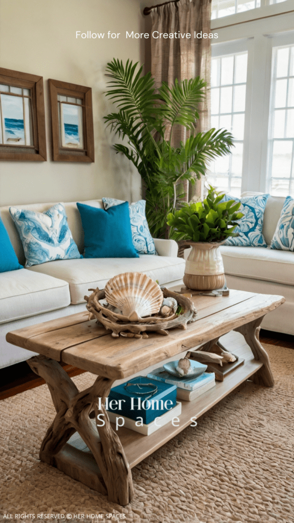 A living room with seaside-inspired accessories, including driftwood accents and seashell decor.