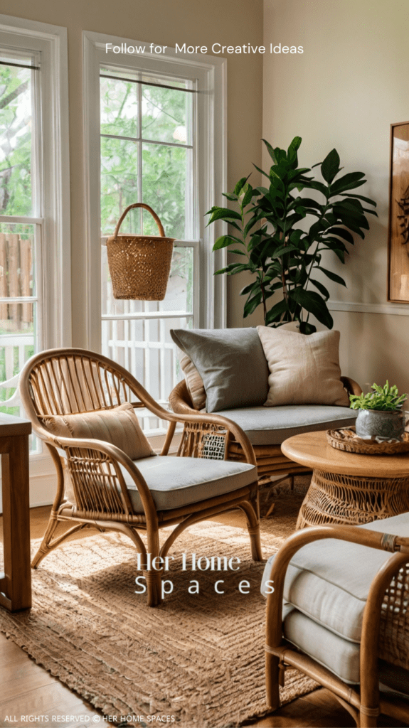 A living room featuring natural wood furniture, a jute rug, and rattan chairs.