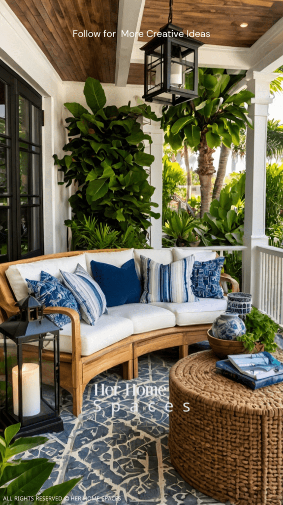 An outdoor space with coastal furniture, lanterns, and lush greenery.