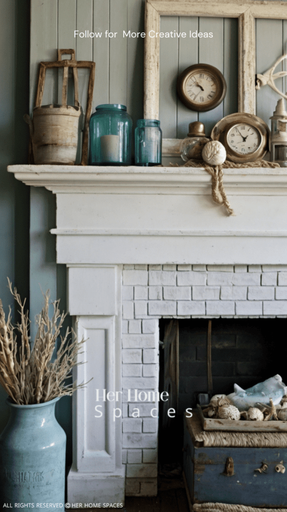 A mantel adorned with vintage coastal finds, creating a nostalgic, seaside vibe.