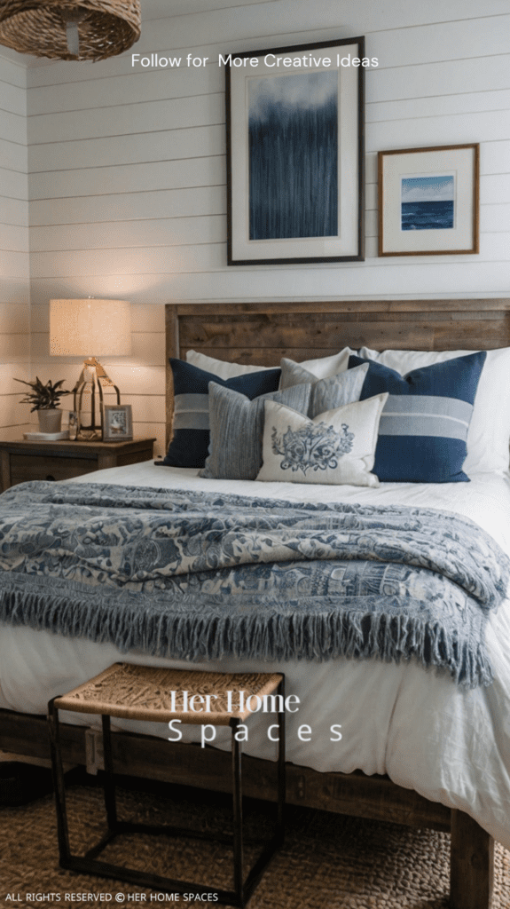 A bedroom with a shiplap accent wall, creating a cozy, coastal atmosphere.