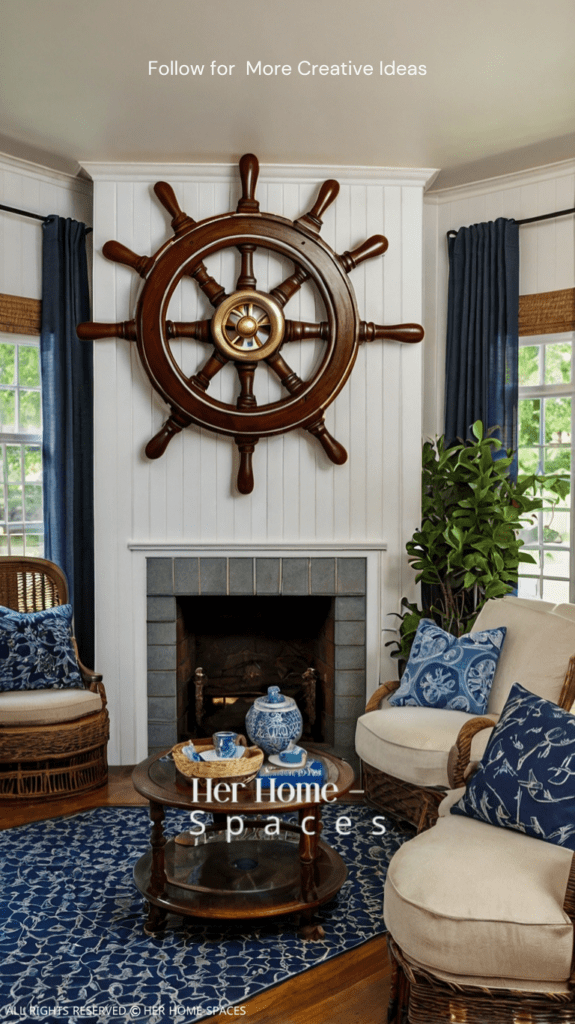 A living room with nautical-themed decor, including a ship wheel above the mantel and rope accents.