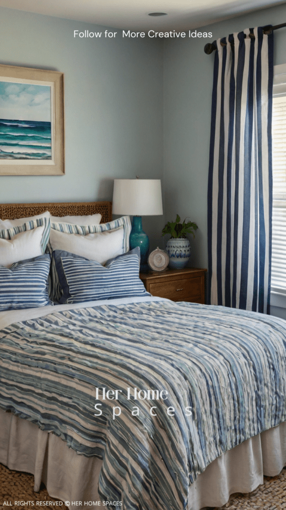 A bedroom with coastal-inspired textiles, including striped bedding and linen curtains.