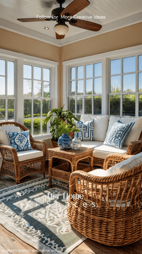  A sunroom with wicker furniture and woven baskets, creating a cozy coastal retreat.