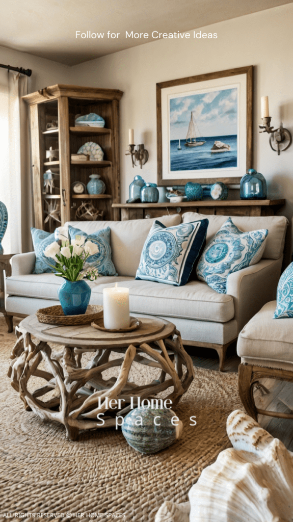 A living room with seaside-inspired accessories, including driftwood accents and seashell decor.